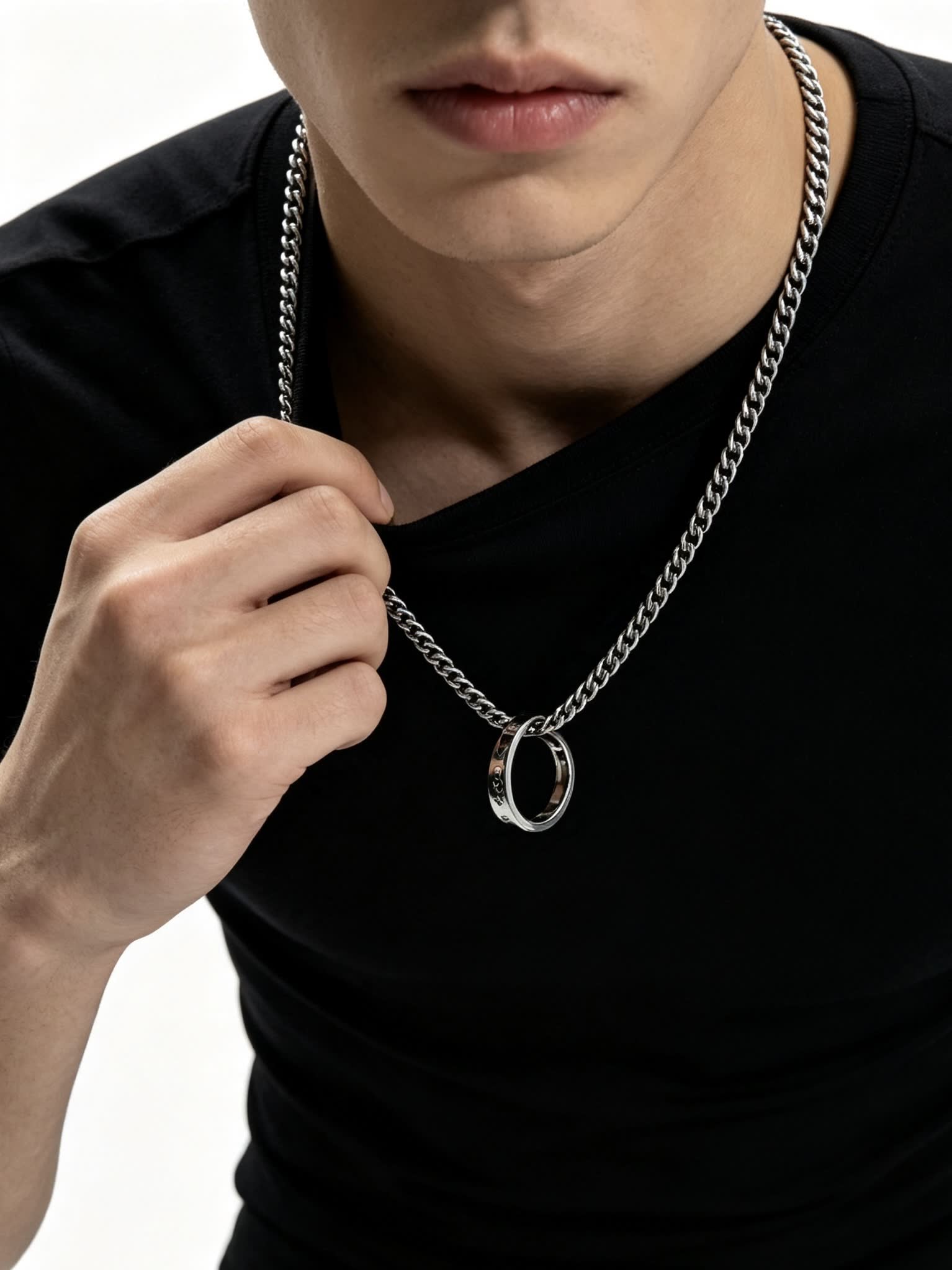 Louis Vuitton Silver Chain Necklace with Ring and Logo Charm